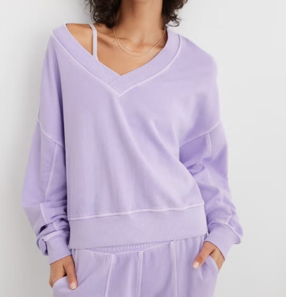 Aerie House Party Long Sleeve V Neck Sweatshirt Purple Medium